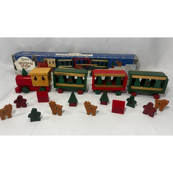 Other - 🚂VTG 94' WOODEN CHRISTMAS TRAIN SET COMPLETE 25 PCS HAND CRAFTED & HAND PAINTED